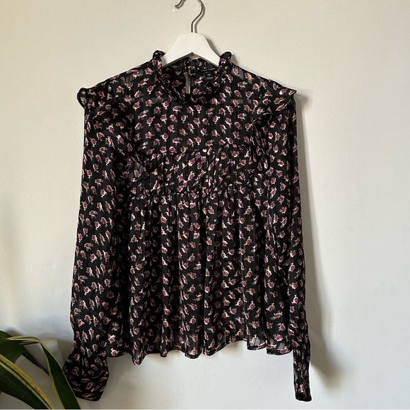 NWOT Scotch & Soda Ruffle Floral Black Top Size S - Picture 4 of 10